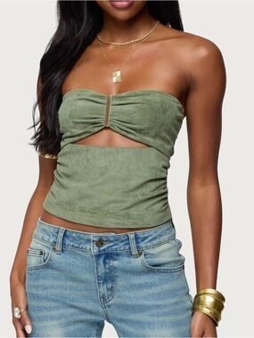 Edikted olive faux suede strapless cutout top